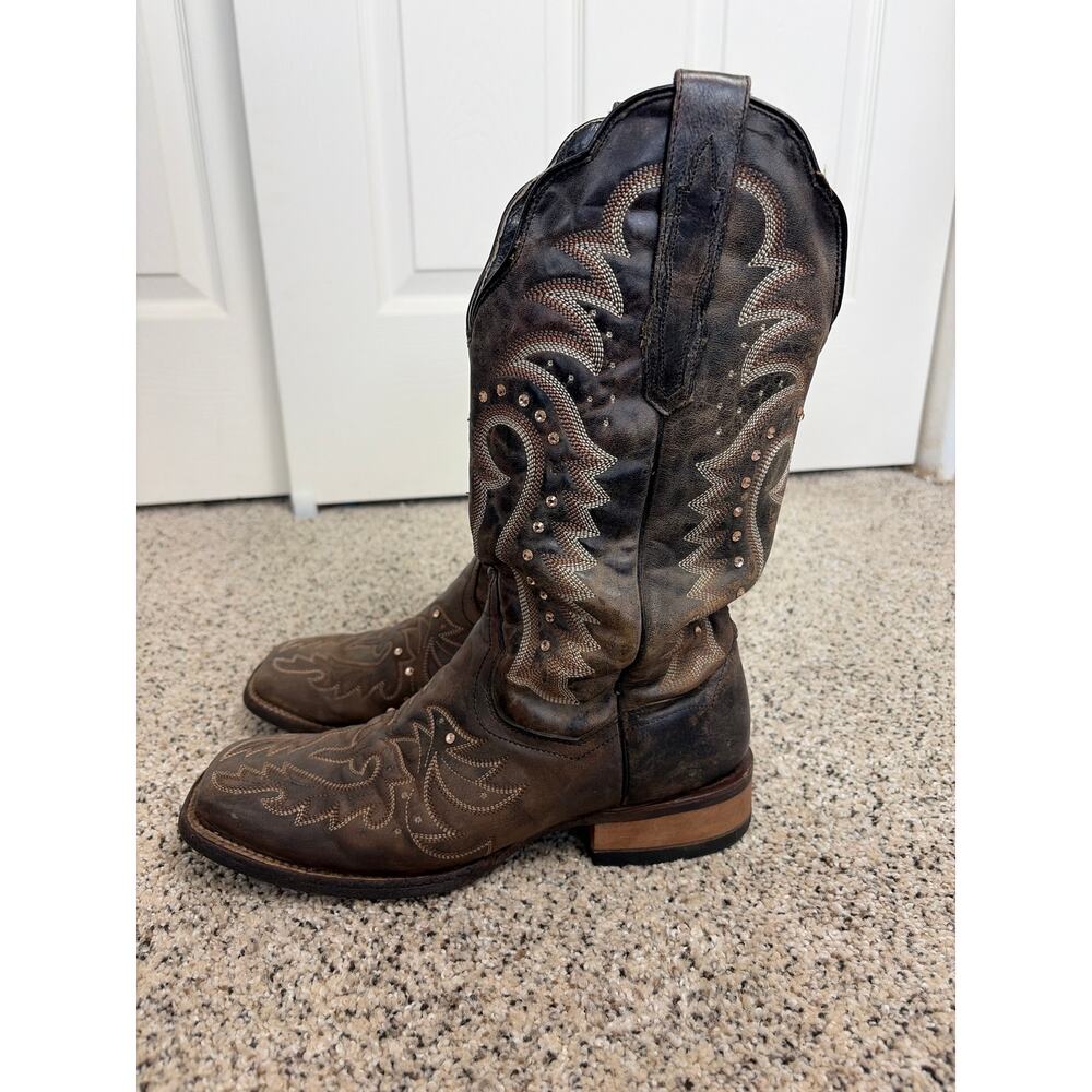 Dan Post Womens Cowboy Boots Size 9 Brown Leather Rhinestone Square Toe